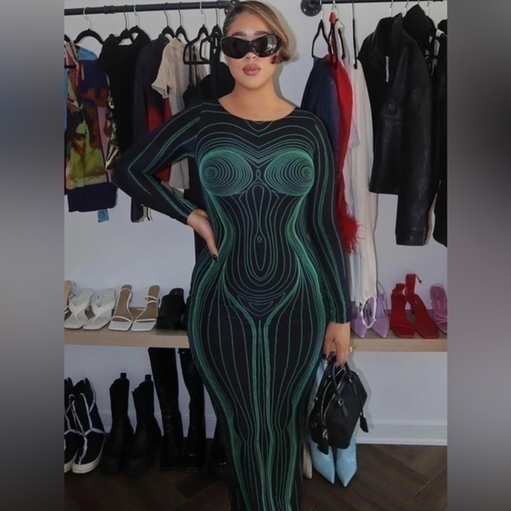 3D Print Maxi Dress O Neck Long Sleeve Backless Bodycon Dress | Size Small